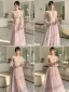 Chic / Beautiful Blushing Pink Lace Flower Bridesmaid Dresses 2023 A-Line / Princess Short Sleeve Backless Floor-Length / Long Bridesmaid Dresses