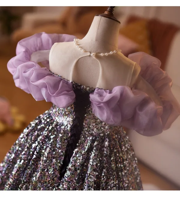 Sparkly Multi-Colors Sequins Lavender Birthday Flower Girl Dresses 2025 Ball Gown Ruffle Off-The-Shoulder Short Sleeve Backless Floor-Length / Long