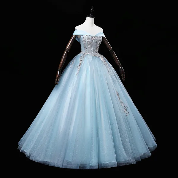 Elegant Sky Blue Sequins Lace Flower Prom Dresses 2022 Ball Gown Off-The-Shoulder Sleeveless Backless Floor-Length / Long Prom Formal Dresses