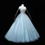 Elegant Sky Blue Sequins Lace Flower Prom Dresses 2022 Ball Gown Off-The-Shoulder Sleeveless Backless Floor-Length / Long Prom Formal Dresses