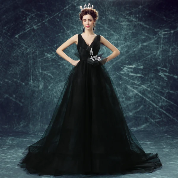 Glamorous Prom Dresses 2017 Deep V-neck Backless Black Tulle Dress