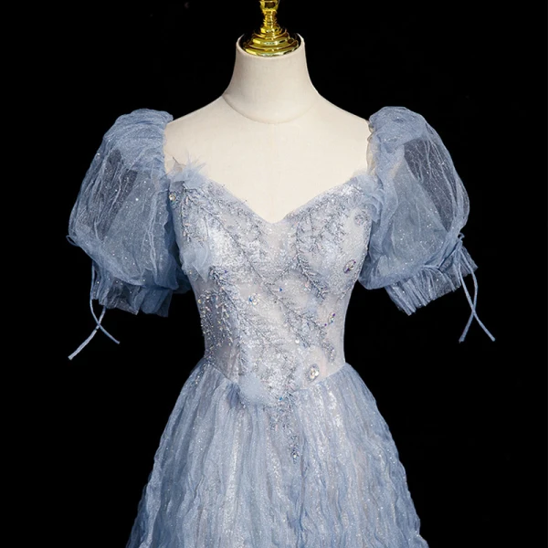 Bling Bling Sky Blue Ruffle Beading Prom Dresses 2023 A-Line / Princess Square Neckline Short Sleeve Backless Floor-Length / Long Prom Formal Dresses