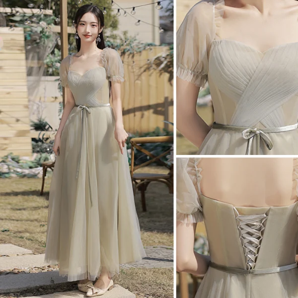 Modest / Simple Sage Green Bridesmaid Dresses 2022 A-Line / Princess Short Sleeve Backless Bow Sash Floor-Length / Long Wedding Party Dresses