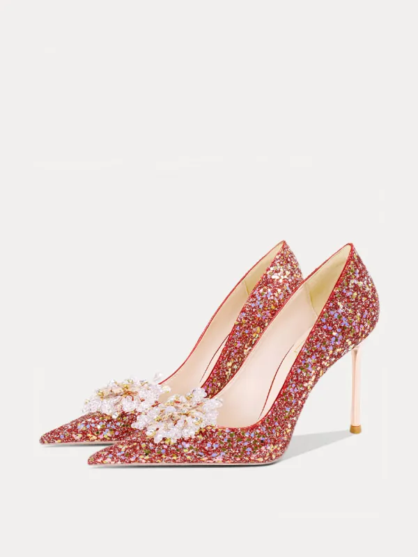 Chinese style Sparkly Red Rhinestone Sequins Wedding Shoes 2024 10 cm Stiletto Heels Pointed Toe Wedding Pumps High Heels