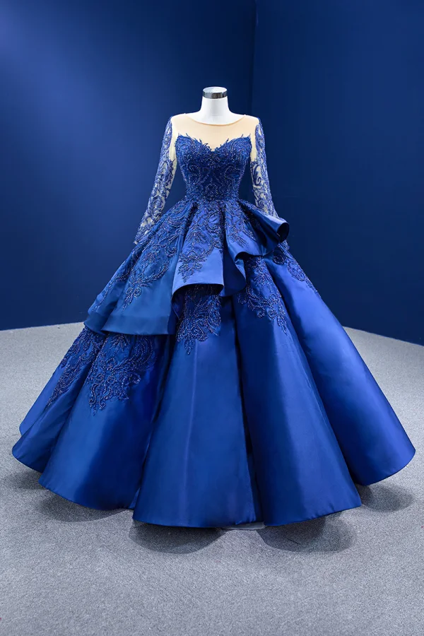 Luxe Bleu Roi Perlage Perle Paillettes En Dentelle Fleur Volants en Cascade Robe De Bal 2022 Robe Boule Encolure Dégagée Manches Longues Longue Promo Robe De Ceremonie
