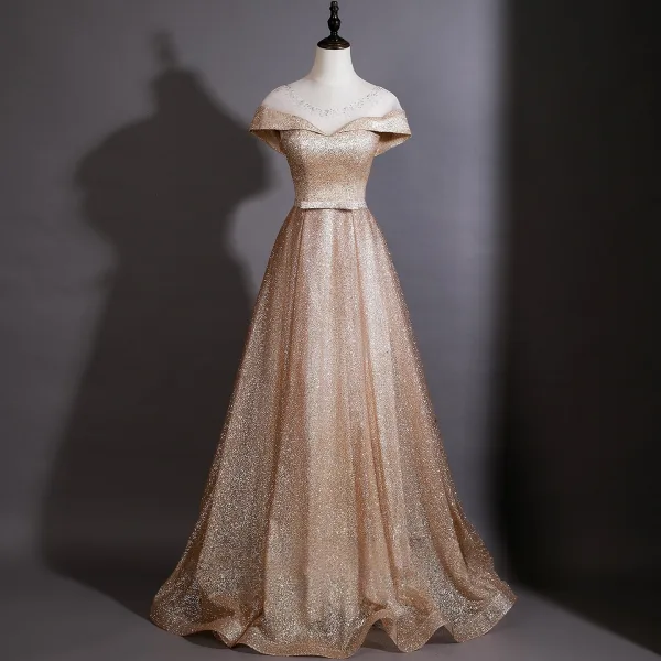 Dazzling Gold Sequins Rhinestone Bow Sash Evening Dresses 2026 A-Line / Princess Scoop Neck Cap Sleeves Backless