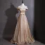 Dazzling Gold Sequins Rhinestone Bow Sash Evening Dresses 2026 A-Line / Princess Scoop Neck Cap Sleeves Backless