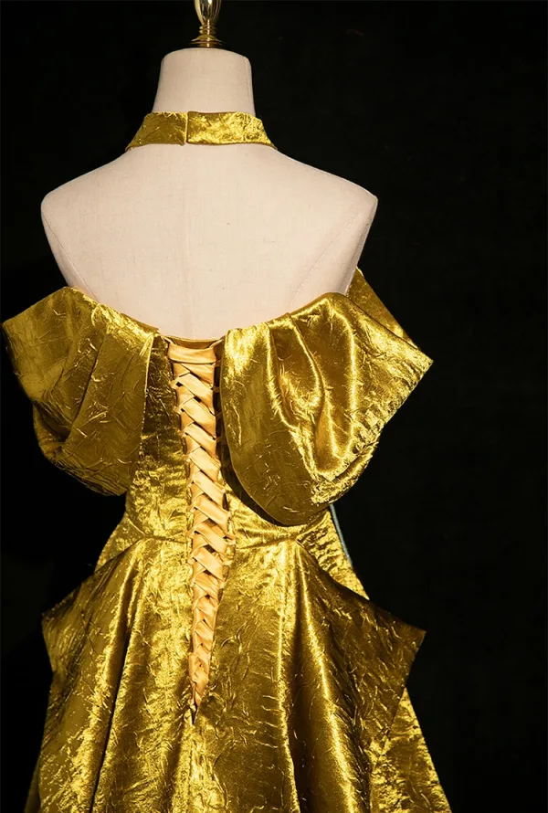 Unique Gold Spitze Blumen Satin Ballkleider 2024 A Linie Off Shoulder Kurze Ärmel Rückenfreies Sweep / Pinsel Zug Ball Festliche Kleider