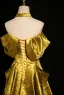 Unique Gold Spitze Blumen Satin Ballkleider 2024 A Linie Off Shoulder Kurze Ärmel Rückenfreies Sweep / Pinsel Zug Ball Festliche Kleider