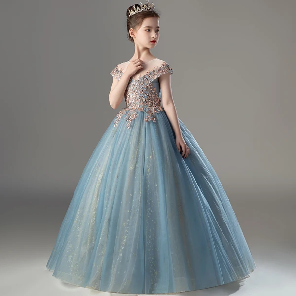 Fashion Sky Blue Beading Sequins Flower Girl Dresses 2022 Birthday Ball Gown Scoop Neck Sleeveless Backless Floor-Length / Long