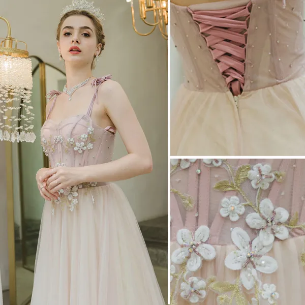 Charming Blushing Pink Evening Dresses 2022 A-Line / Princess Spaghetti Straps Sleeveless Backless Beading Rhinestone Lace Flower Floor-Length / Long Evening Party Formal Dresses