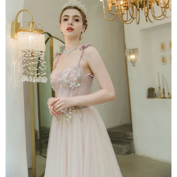 Charming Blushing Pink Evening Dresses 2022 A-Line / Princess Spaghetti Straps Sleeveless Backless Beading Rhinestone Lace Flower Floor-Length / Long Evening Party Formal Dresses