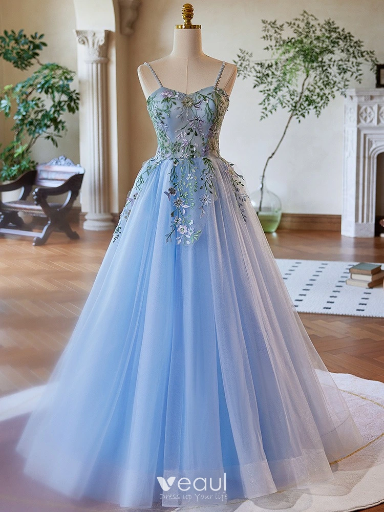 Elegant Sky Blue Lace Flower Prom Dresses 2024 Ball Gown Spaghetti Straps  Sleeveless Backless Floor-Length / Long Tulle Prom Formal Dresses