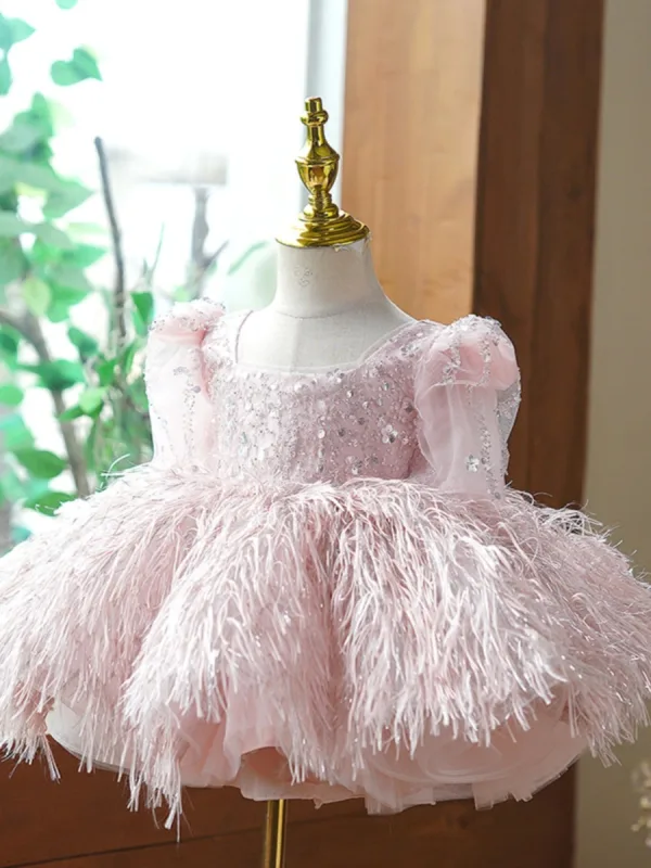 Chic / Beautiful Blushing Pink Beading Tassel Short Birthday Flower Girl Dresses 2023 Ball Gown Square Neckline Short Sleeve Flower Girl Dresses