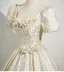 Elegant Champagne Appliques Printing Prom Dresses 2025 Ball Gown U-Neck Puffy Short Sleeve Backless Floor-Length / Long Prom Formal Dresses