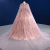 Charming Blushing Pink Appliques Sequins Prom Dresses Wedding Dresses 2022 With Cloak Ball Gown Strapless Sleeveless Backless Floor-Length / Long Formal Dresses