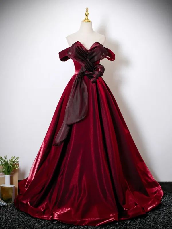 Charming Burgundy Prom Dresses 2025 Ball Gown Strapless Sleeveless Floor-Length / Long Backless Formal Dresses