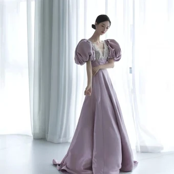 Élégant Lavande Glitter Perle Paillettes Robe De Bal 2022 Princesse V Cou Gonflée Manches Courtes Dos Nu Longue Robe De Ceremonie