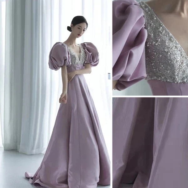 Elegant Lavender Glitter Pearl Sequins Prom Dresses 2022 A-Line / Princess V-Neck Puffy Short Sleeve Backless Floor-Length / Long Formal Dresses