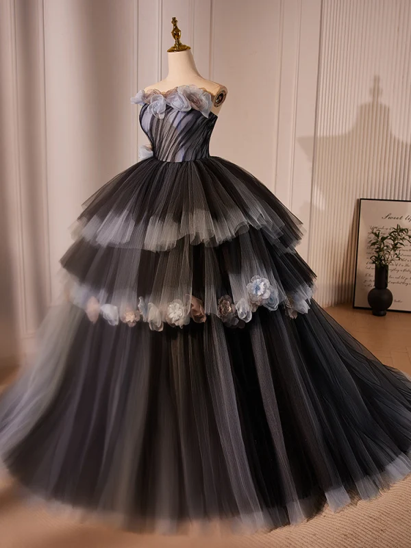 Fashion Black Cascading Ruffles Appliques Prom Dresses 2024 Ball Gown Strapless Sleeveless Backless Sweep Train Prom Formal Dresses