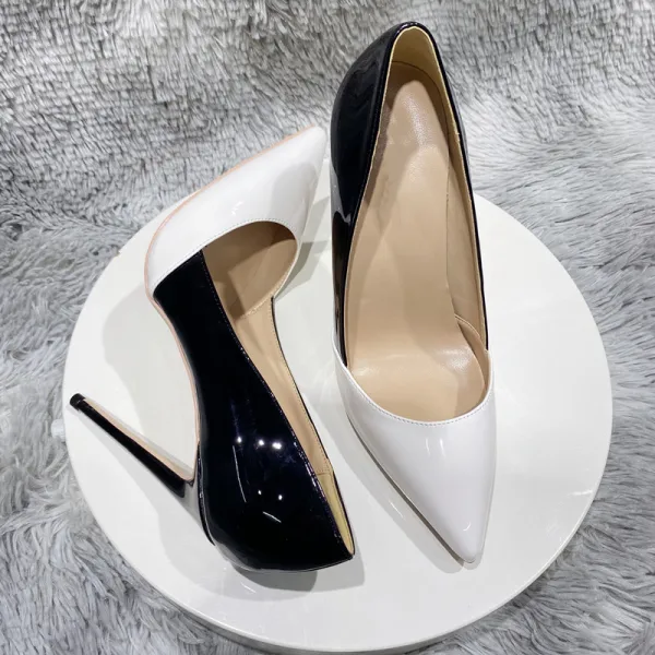 Two Tone Black White Evening Party Pumps 2023 Patent Leather 12 cm Stiletto Heels Pointed Toe Pumps High Heels