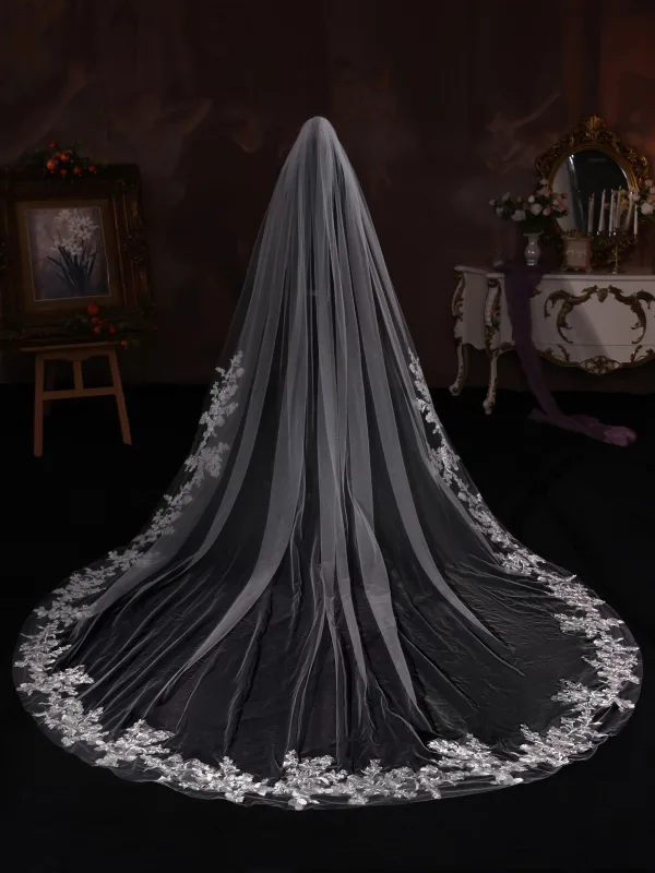 Élégant Blanche En Dentelle Fleur Chapel Train Voile De Mariée 2025 3.5 m Tulle