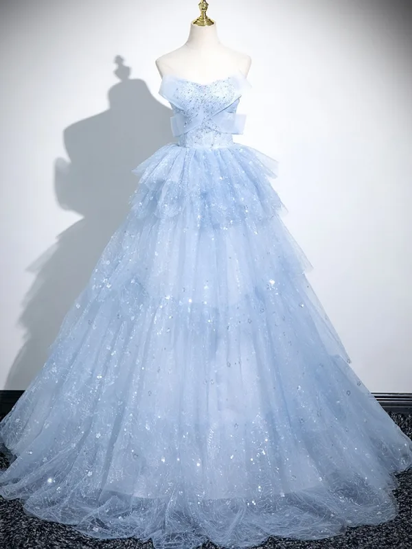Bling Bling Sky Blue Glitter Sequins Prom Dresses 2025 Ball Gown Strapless Sleeveless Backless Floor-Length / Long Prom Formal Dresses
