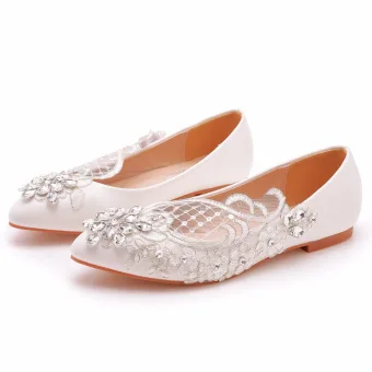 Simple Blanche Faux Diamant En Dentelle Fleur Plate Chaussure De Mariée 2023 À Bout Pointu Chaussure De Mariée