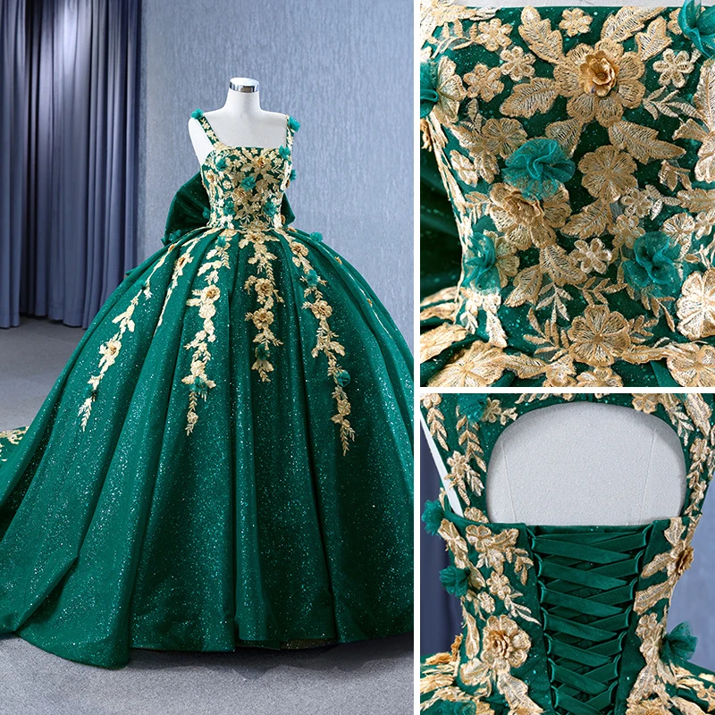 High-End Dark Green Sequins Lace Flower Appliques Prom Dresses 2023 Ball Gown Square Bow