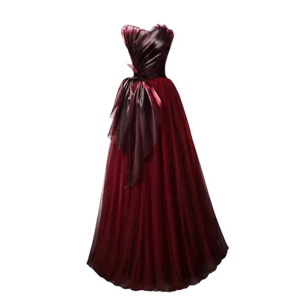 Charming Burgundy Bow Evening Dresses 2023 A-Line / Princess Strapless Sleeveless Backless Floor-Length / Long Evening Party Formal Dresses