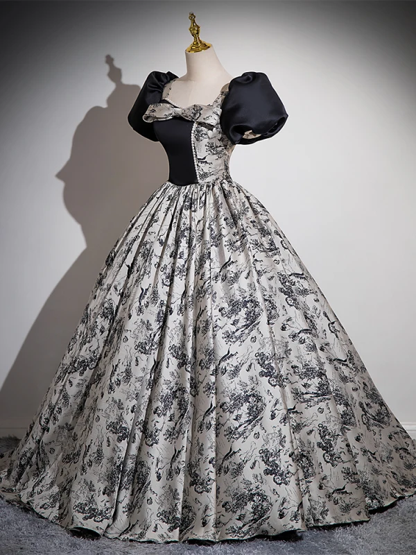 Vintage / Retro Black Printing Prom Dresses 2024 Ball Gown Square Neckline Bow Puffy Short Sleeve Backless Floor-Length / Long Prom Formal Dresses