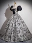 Vintage / Retro Black Printing Prom Dresses 2024 Ball Gown Square Neckline Bow Puffy Short Sleeve Backless Floor-Length / Long Prom Formal Dresses