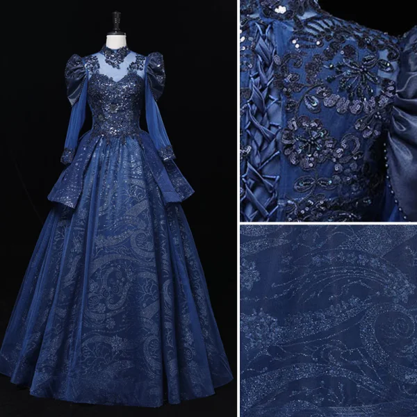 Vintage / Originale Bleu Marine Perlage Paillettes En Dentelle Fleur Robe De Bal 2023 Robe Boule Col Haut 3/4 Manches Longue Promo Robe De Ceremonie