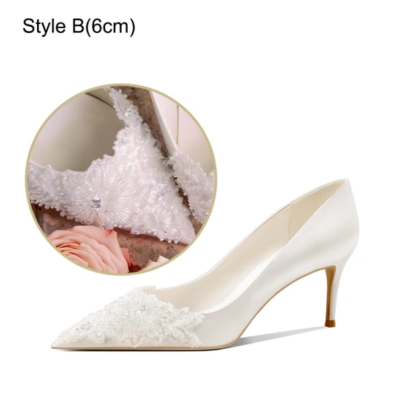 Elegant White Beading Satin Low Heel Wedding Shoes 2024 Pointed Toe Wedding Pumps