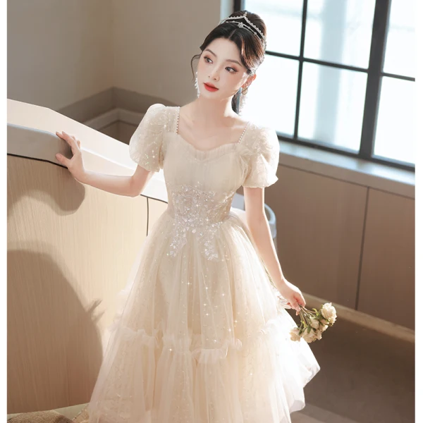 Chic / Beautiful Khaki Beading Sequins Prom Dresses 2023 A-Line / Princess Square Neckline Short Sleeve Backless Floor-Length / Long Prom Formal Dresses