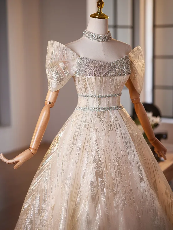 Chic / Beautiful Champagne Rhinestone Prom Dresses 2025 Ball Gown Off-The-Shoulder Short Sleeve Backless Floor-Length / Long Prom Formal Dresses