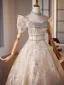 Chic / Beautiful Champagne Rhinestone Prom Dresses 2025 Ball Gown Off-The-Shoulder Short Sleeve Backless Floor-Length / Long Prom Formal Dresses