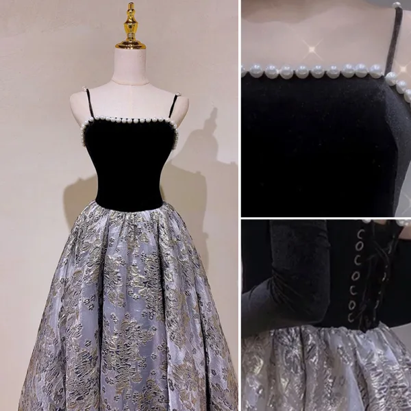 Audrey Hepburn Style Black Prom Dresses 2022 A-Line / Princess Pearl Spaghetti Straps Sleeveless Backless Suede Floor-Length / Long Formal Dresses