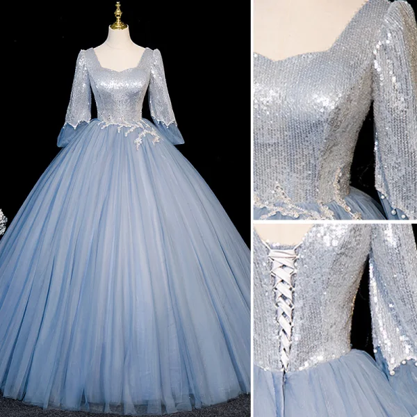 Élégant Bleu Ciel Paillettes Robe De Bal 2023 Robe Boule Encolure Carrée 1/2 Manches Dos Nu Longue Promo Robe De Ceremonie