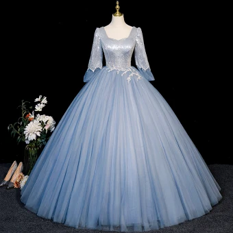 Élégant Bleu Ciel Paillettes Robe De Bal 2023 Robe Boule Encolure Carrée 1 2 Manches Dos Nu Longue Promo Robe De Ceremonie