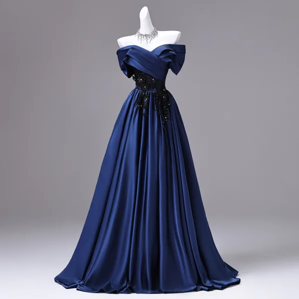 Vintage / Retro Navy Blue Beading Sequins Lace Flower Prom Dresses 2026 Ball Gown Off-The-Shoulder Short Sleeve Backless Floor-Length / Long Formal Dresses
