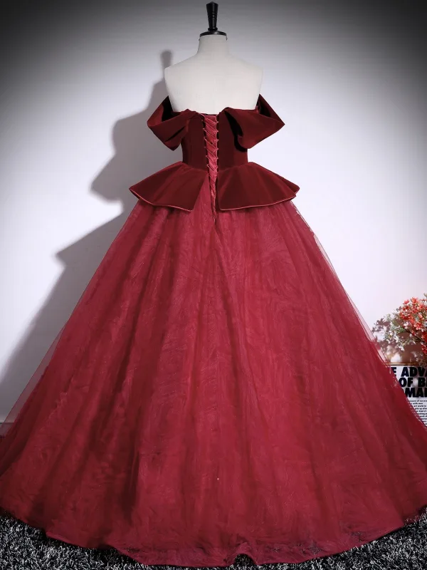Vintage / Retro Burgundy Lace Butterfly Appliques Prom Dresses 2025 Ball Gown Off-The-Shoulder Short Sleeve Backless Floor-Length / Long Formal Dresses