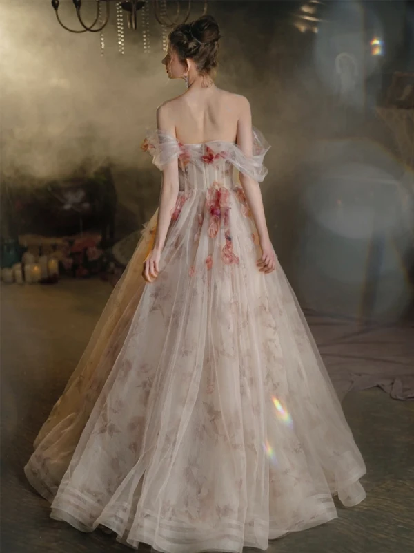 Flower Fairy White Rhinestone Appliques Prom Dresses 2023 A-Line / Princess Off-The-Shoulder Short Sleeve Backless Floor-Length / Long Prom Formal Dresses