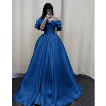 Vintage Originale Simple Bleu Roi Robe De Bal 2023 Robe Boule De L Épaule Gonflée Manches Courtes Dos Nu Longue Promo Robe De Ceremonie