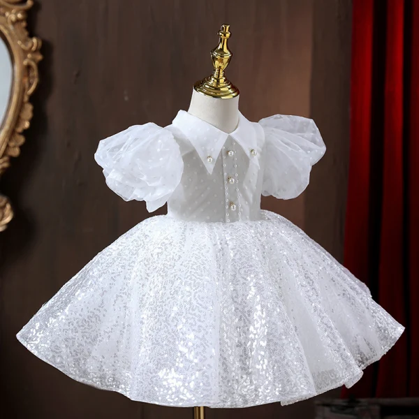Chic / Beautiful White Pearl Sequins Flower Girl Dresses 2022 A-Line / Princess High Neck Puffy Short Sleeve Floor-Length / Long Prom Flower Girl Dresses