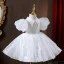 Chic / Beautiful White Pearl Sequins Flower Girl Dresses 2022 A-Line / Princess High Neck Puffy Short Sleeve Floor-Length / Long Prom Flower Girl Dresses