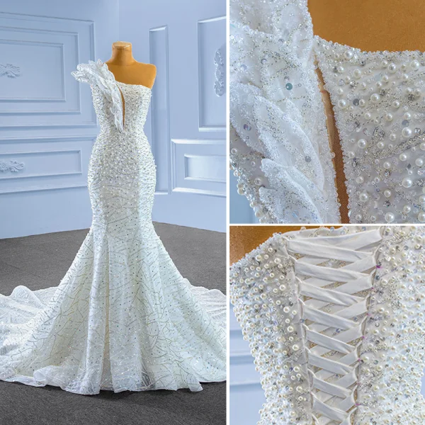 Luxe Blanche Fait main Perlage Perle Paillettes Robe De Mariée 2022 Trompette / Sirène Une épaule Sans Manches Dos Nu Tribunal Train Mariage