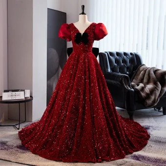 Sparkly Charming Burgundy Beading Sequins Prom Dresses 2023 V Neck Puffy Short Sleeve Backless Bow Sweep Train Prom Formal Dresses