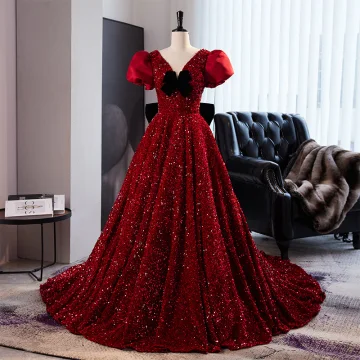 Sparkly Charming Burgundy Beading Sequins Prom Dresses 2023 V Neck Puffy Short Sleeve Backless Bow Sweep Train Prom Formal Dresses