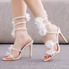Sexy Charming White Appliques Ankle Strap Wedding Shoes 2023 10 cm Stiletto Heels Open / Peep Toe Wedding Sandals High Heels